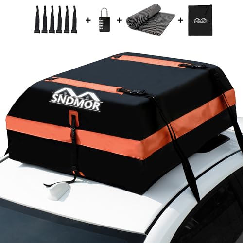 SNDMOR Saco de teto, 425 L/15 pés cúbicos de bagagem de teto impermeável, adequado para todos os veículos com/sem porta-bagagens, inclui tapete antiderrapante 4 correias de reforço