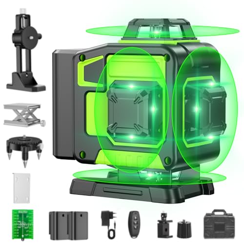 Nível laser automático de 360 graus, nível laser verde de 16 linhas, 2 x 360 horizontal e 2 x 360 verticais, 2 x bateria, montagem na parede, controlo remoto, base magnética, suporte magnético