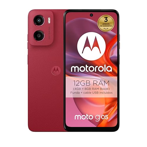 Moto g05, 8 GB (4 GB RAM Boost)/64 GB, Espanha, ecrã super brilhante de 6,67", sistema de câmaras de 50 MP, modo retrato com IA, couro vegano, Corning® Gorilla® Glass 3, bateria 5200 mAh, vermelho