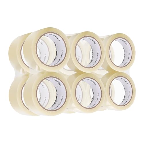 Amazon Basics Fita de embalagem, conjunto de 12 rolos, 0,07 mm de espessura, 50 mm x 55 m, transparente, ideal para embalar, enviar, mudar ou armazenar
