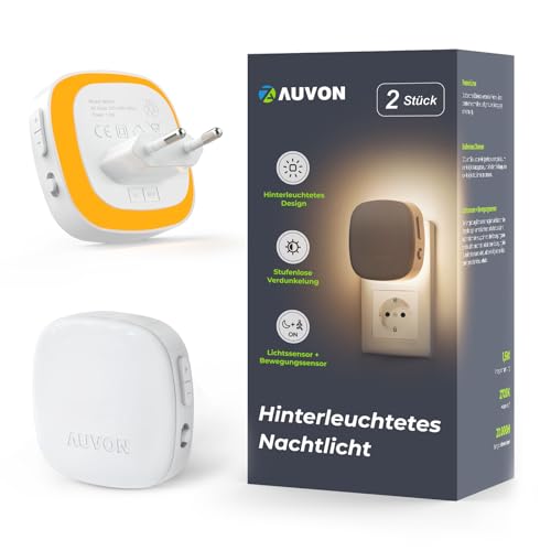 AUVON Luz noturna infantil, luzes noturnas de corredor de tomada com sensor de movimento e sensor de crepúsculo, 2 peças luz LED de cor âmbar ajustável de 1 - 50 lm escada quarto cozinha, âmbar