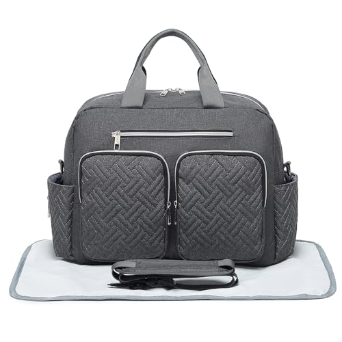 Kono Bolsa trocador de grande capacidade para bebés com bolsos isolantes, mala de viagem para fraldas, maternidade tote descapotável para mãe e pai, Grande-cinzento escuro, L