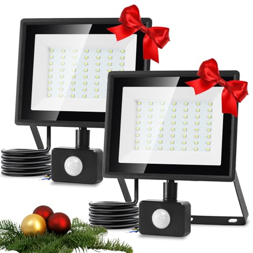 Aigostar Foco LED com sensor de movimento 50 W, 4300 LM super brilho holofotes LED exterior IP65 impermeável, branco frio, 6500 K, projetor LED exterior, perfeito para jardim, garagem, pátio, 2