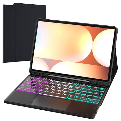 Capa com teclado para Samsung Galaxy Tab S9 FE+/S9+/S10+ Plus: Modo DEX com um só clique espanhol Ñ retroiluminação do arco-íris teclado, 2 canais sem fios teclado desmontável com trackpad