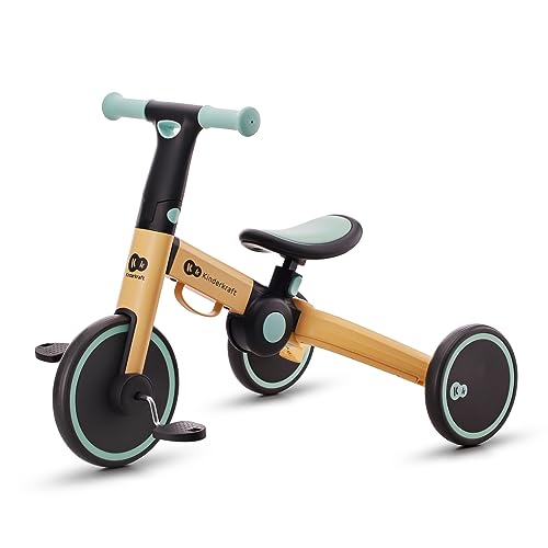Kinderkraft 4TRIKE Triciclo 3 em 1, minibicicleta, sem pedais, bicicleta para bebé, para crianças, minitriciclo de equilíbrio, dobrável, assento ajustável, 12 meses - 5 anos, 25 kg, amarelo e azul