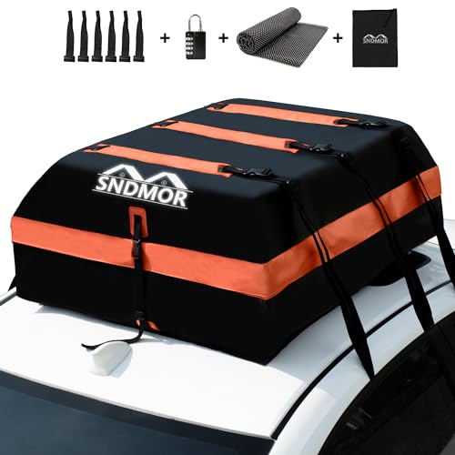 SNDMOR Saco de teto, 595 L/21 pés cúbicos de bagagem de teto impermeável, adequado para todos os veículos com/sem porta-bagagens, inclui tapete antiderrapante 6 correias de reforço