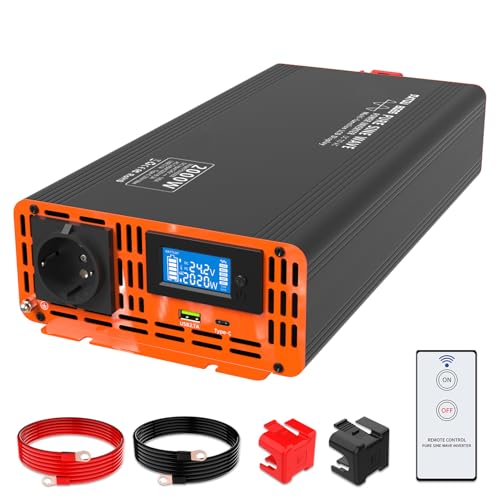 DATOUBOSS Inversor 24 v 220 v/230 v onda pura 2000 w, transformador 24 v a 220 v camião com ecrã LCD comando com 1 tomada de AC e 1 portas tipo-c e 1 portas USB para camião cavã