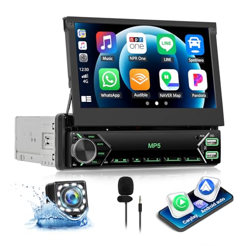CAMECHO Autoradio 1 din com Wireless Carplay, ecrã tátil de 7 polegadas rádio Bluetooth ecrã retrátil manual com Android Auto Mirror Link FM/AM RDS controlo do volante USB/AUX +câmara traseira