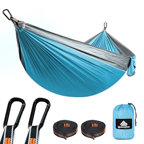 NATUREFUN Rede ultraleve para Camping| 300 kg de capacidade de carga, estilo paraquedas, de Nylon, respirável e de secagem rápida 2 mosquetões premium, 2 lingas de nylon incluídas.