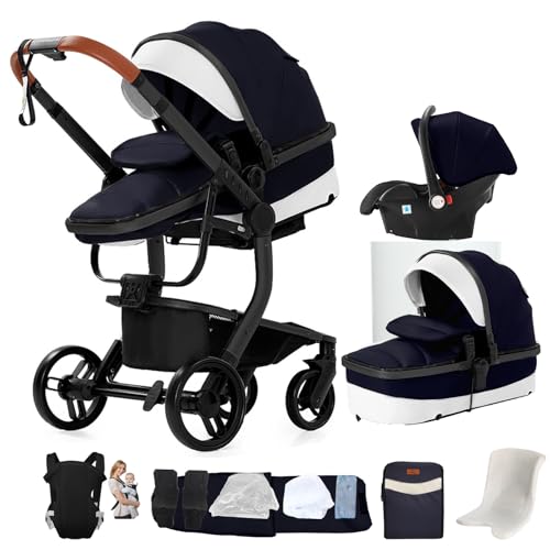NADDLILY Carrinho de couro PU para bebé 3 em 1, carrinho de bebé com design portátil dobrável, carrinho de bebé 3 peças com empurrão reversível bidirecional, carrinho de bebé 3 peças com acessórios