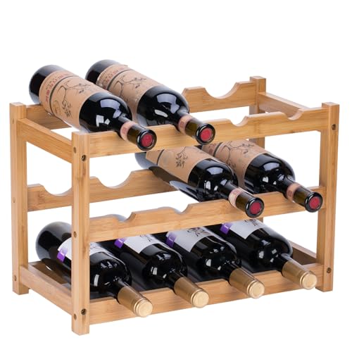 YunNasi Garrafa de vinho, garrafeira vertical de bambu, garrafa empilhável de mesa, expositor de vinho para cozinha bar adega de vinhoteca(3 níveis - 12 garrafas)