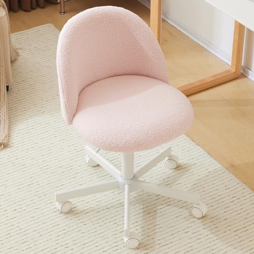 Bonnlo Cadeira de secretária, cadeira de toucador, escritório e toucador, com rodas, altura regulável, cadeira compacta para estúdio, quarto, escritório em casa, tecido Teddy (rosa)