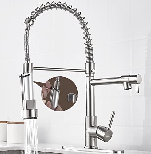 SkyPanda Torneira de cozinha, mola de latão escovado com cabeça de pulverização Pull Down, com 2 saídas (jato e spray), cabeça de pulverização de alta pressão, escova de níquel