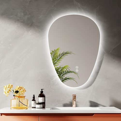 EMKE Espelho de casa de banho com iluminação, 70 x 50 cm, espelho LED assimétrico, interruptor de toque, 3 cores de luz ajustáveis, espelho anti-embaciamento
