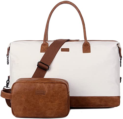 BAOSHA Saco de lona para mulher, bolsa de viagem, bolsa de viagem, bolsa de viagem, bolsa de hospital grande com necessaire HB-14, Bege / branco, L, Saco de viagem com nécessaire