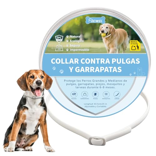 DEWEL Coleira anti-parasitas para cães grandes e médios, 63,5 cm, protege cães, carrapatos, mosquitos, piolhos de 8 meses, gola contra pulgas e carraças ajustável branco