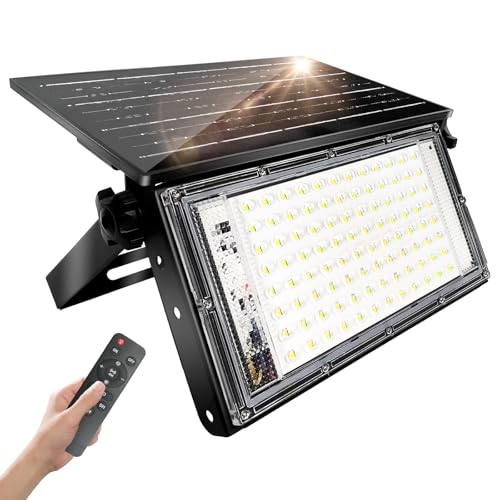 CREATESTAR Foco solar para exterior, 100 W, super brilhante luz solar exterior com controlo remoto, IP65 candeeiros solares impermeáveis para jardim, pátio, garagem