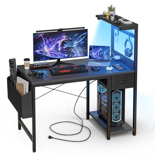 Grandder Mesa para jogos de 40 polegadas com tomada de energia e luz LED, mesa para computador com prateleiras reversíveis e gaveta de armazenamento, pequena mesa de escritório