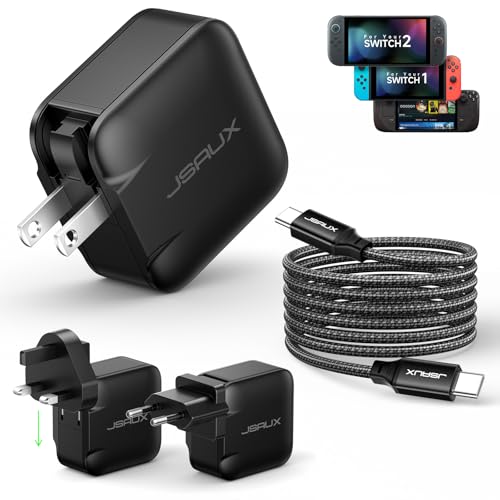 JSAUX Carregador USB C de 65 W para Nintendo Switch 2 (alimentado em modo de TV), ROG Ally, Steam Deck, tablets, portáteis, Galaxy, Pixel – carregador rápido PD com cabo USB C de 2 m e tomadas UE e UK