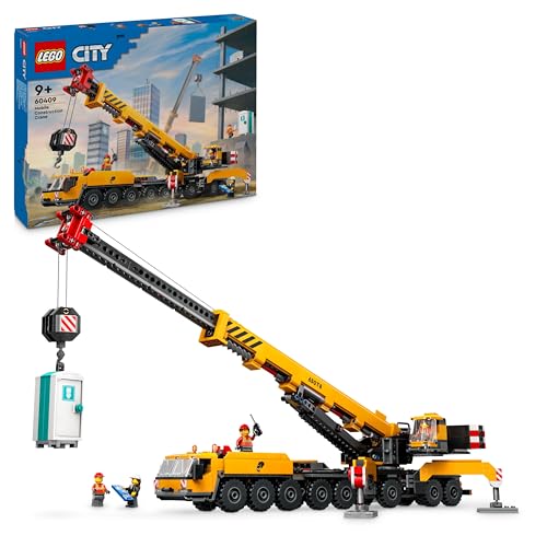 LEGO City Guindaste de obra móvel amarelo de brinquedo de construção, presente para meninos e meninas de 9 anos ou mais, jogo criativo com veículos, 4 minifiguras de trabalhadores para o jogo de