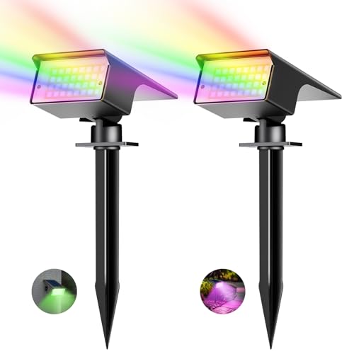 kolpop RGB Luzes solares LED para exterior [2 peças/7 cores], IP65 impermeável holofotes LED solares para jardim, montagem 2 em 1, pátio, 800 LM Focos solares para pátio, piscina, vasos, chão, calçado