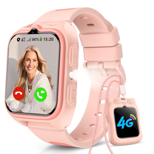 Relógio inteligente para crianças 4G, Smartwatch meninas com GPS, chamadas de vídeo, chamadas, chat de voz, 2025 Smartwatch com lanterna, modo escola, SOS, capa de silicone suave, câmera, bateria