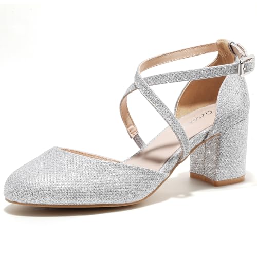 Greatonu Bombas com correia no tornozelo para mulher, salto em bloqueio, correias cruzadas e biqueira fechada para casamentos e festas