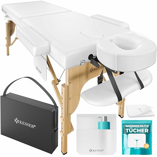 KESSER® Maca de massagem móvel dobrável e ajustável em 3 zonas, cama de massagem, mesa de massagem, maca de massagem larga com pés de madeira, apoios de cabeça e apoios de braços, inclui bolsa de