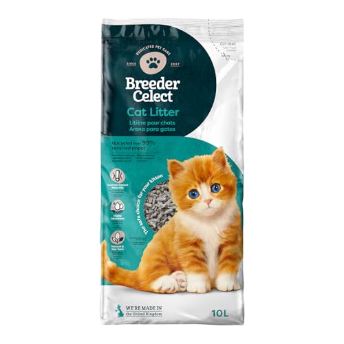 Breeder Celect Areia para gatos natural (10 L), 99% de papel reciclado, areia altamente absorvente, controlo ideal de odor, não alcalino, biodegradável e composição