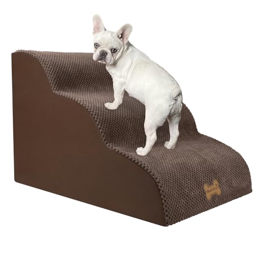 Nepfaivy Escada para cães médio - Rampa antiderrapante para cães, escadas para cães subir à cama com cobertura removível, 3 etapas, castanho