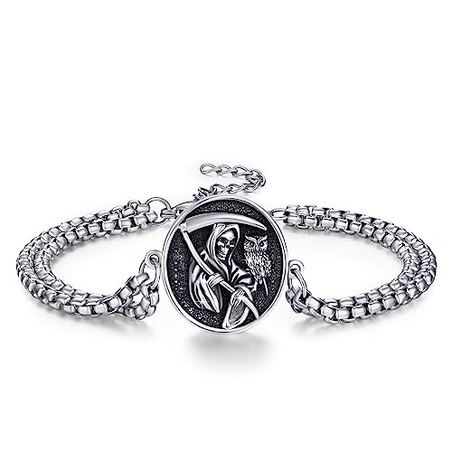 Waysles Sensenmann Pulseira de prata de lei 925 com design de coruja e Santa Morte pulseira Halloween joias Reaper presente para mulheres homens 7 2 polegadas, Prata esterlina, Sem gemas