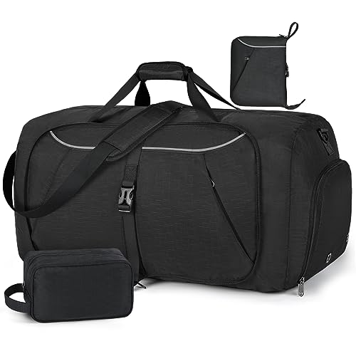 Saco de viagem dobrável 65 L 80 L 100 L ultraleve grande bolsa de desporto mala de viagem impermeável saco de fim de semana com compartimento sapatos para mulheres e homens, Preto, Saco de