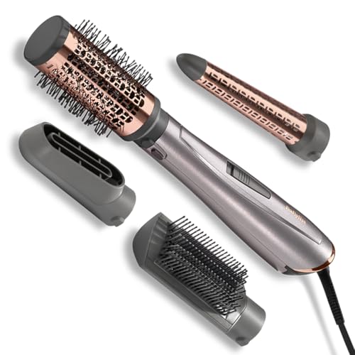 BaByliss AS136E Escova de ar 1000 W, iónica, 4 acessórios, para alisar, cabeça pré-secagem, para ondular e escova térmica de 50 mm para moldar, 3 velocidades e temperaturas, prateado - ouro rosa