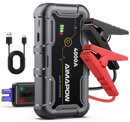 Iniciador de baterias de carro, 4000A iniciador de carros (para motor a gás de 7,0 l ou diesel de 5,5 l), 12 V Jump Starter portátil, clipes de segurança inteligentes, 3 modos lâmpada LED