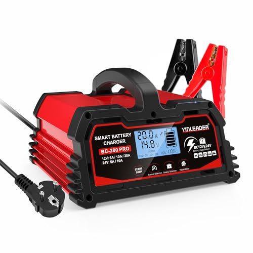 Carregador de bateria para automóvel 20A 12 V/24 V 10 A inteligente automático com ecrã LCD, para motocicleta e 12 V LiFePO4