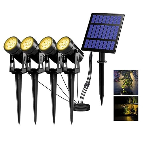 T-SUN Luzes solares LED exterior jardim, 4 em 1 LED holofote solar com 3000 K branco quente 2 níveis de brilho ajustáveis impermeável 270º grande ângulo de luz iluminação para caminho relva entrada