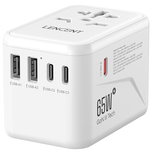 LENCENT Adaptador de tomada universal GAN III de 65 W, carregador internacional com 2 USB-A e 3 USB-C PD carregamento rápido, adaptador de viagem para telemóvel, tablet, portátil (EUA/UE/US), tipo