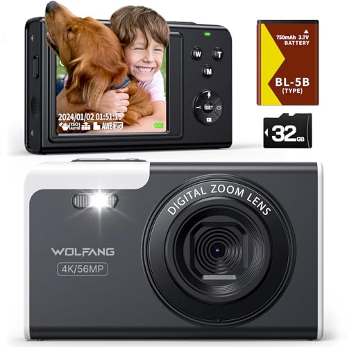 WOLFANG Câmara digital portátil compacta, câmara infantil 4K para fotografia, câmara fotográfica de 56 MP, com zoom de 16X, recarregável câmara para crianças, principiantes, adulto