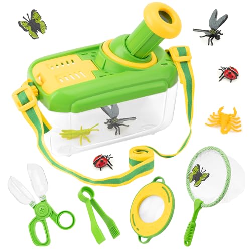 Funsland Kit Explorador para crianças, conjunto de caça de insetos, lupa, com 12 insetos falsos, brinquedos de aventura ao ar livre brincos, brinquedos educativos natalícios presentes para meninos e