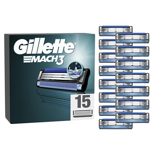 Gillette Mach3 Base Pack de 15 peças sobressalentes para máquinas de barbear para homem, lâminas de barbear com 3 folhas e faixa de lubrificante, compatível com todos os manípulos Mach3