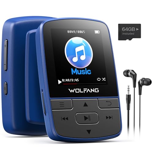 WOLFANG Jogadores MP3 de 64 GB com Bluetooth 5.3, clipe desportivo, tamanho mini, peso de 1 onça, altifalante HiFi, rádio FM, gravador de voz, auriculares incluídos
