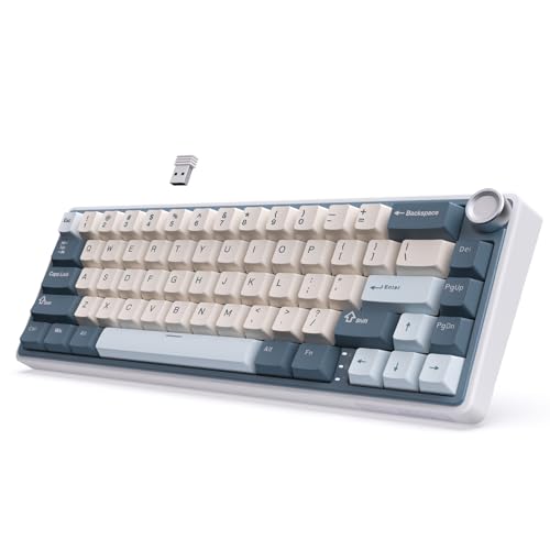 RK ROYAL KLUDGE R65 Teclado mecânico sem fio, 60% Gasket Bluetooth/2,4 G/USB-C, teclado com 66 teclas, teclas PBT, controlo de nob, hot-Swap, compatível com via (Interruptor creme, azul)