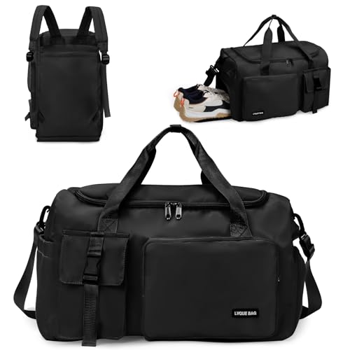 Flintronic Saco desportivo ginásio dobrável, saco de viagem impermeável, saco desportivo fitness leve, com sapato separado seco e húmido, homem e mulher, para desportos viagem ginásio, 42L Preto