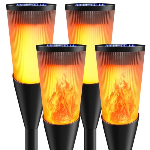 FIFlying Luzes de chama solar exterior jardim, 4 peças tochas solares exteriores IP65 impermeável, 2 modos candeeiro solar exterior com chamas realistas para jardim, pátio, relva, caminho