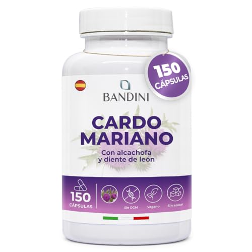Bandini® Cardo mariano com alcachofra e dente-de-leão, 150 cápsulas, alta dosagem com 80% de silimarina - Protege o fígado, melhora a digestão e reduz a dor no estômago - método HPLC - Vegan
