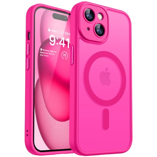 CANSHN Capa magnética para iPhone 15, compatível com MagSafe, [proteção total da câmera], capa fundo mate translúcido 15,6 polegadas, rosa vivo
