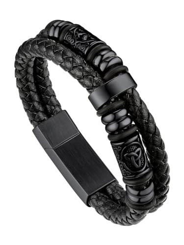Bandmax Pulsera Viking Cuero Hombre con Charms Brújulas/Cuentas, Personalizable, 19cm 21cm 23cm Largo, Broche Imán Robusto, Incluye Joyero