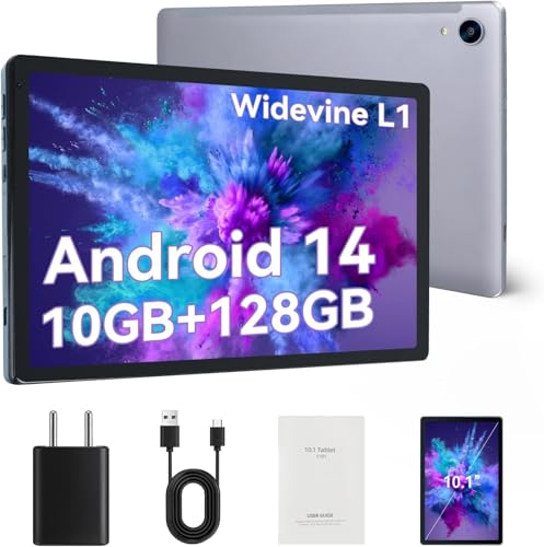 FECLYDET Tablet de 10 polegadas, Android de 14 Octa-Core com 10 GB RAM+128 GB ROM (1TB TF), Widevine L1, Bluetooth 5.0, câmara dupla, 5000 mAh, WiFi6 (cinzento)