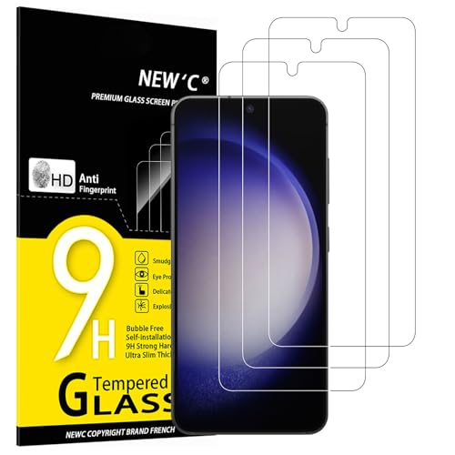 NEW'C 3 peças, protetor de ecrã para Samsung Galaxy S23, vidro temperado anti-riscos, anti-impressões digitais, sem bolhas, dureza 9H, 0,26 mm ultra transparente, ultra resistente