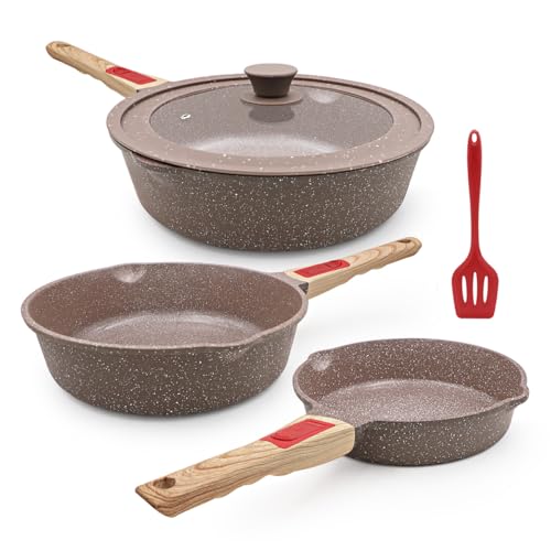 AIKENBBKK Conjunto de frigideiras de cerâmica de 5 peças, frigideira para fritar com tampa 20/24/28 cm com revestimento cerâmico antiaderente e cabo removível, adequado para forno e máquina de lavar
